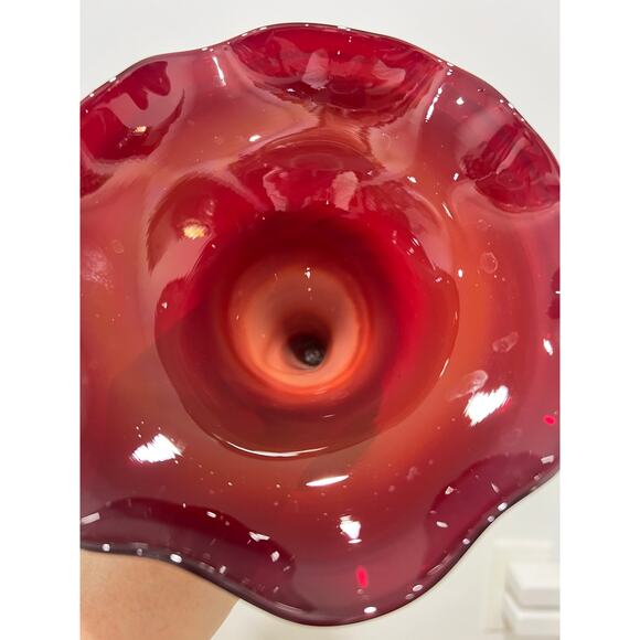 Hobbyist (?) Hand Blown Fluted Vase Maroon Red Maker Unknown - Picture 6 of 11